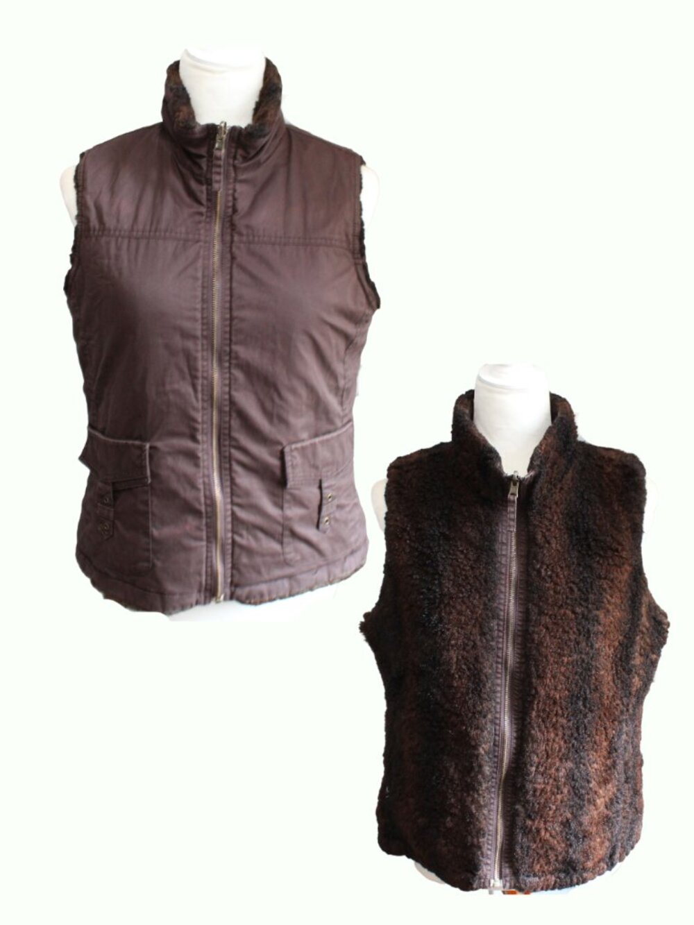 Old Navy Vintage Y2K Reversible Fur Utility Chocolate Brown Vest Size Medium
